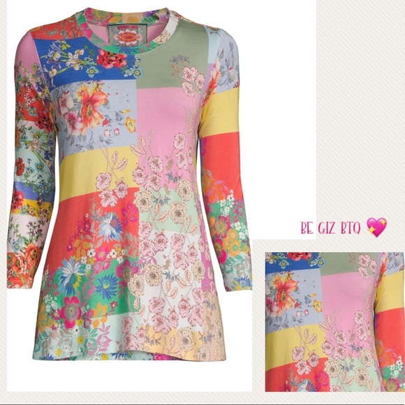 Johnny Was Marcel Lenora Patchwork Tunic Floral Motif Pink & Yellow Size Large - Picture 8 of 12